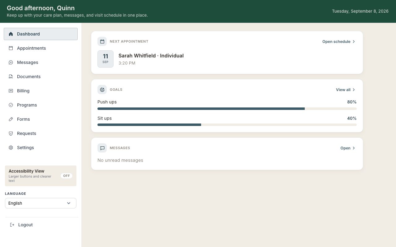 The portal dashboard with the next appointment, unread messages, and goals with progress bars.