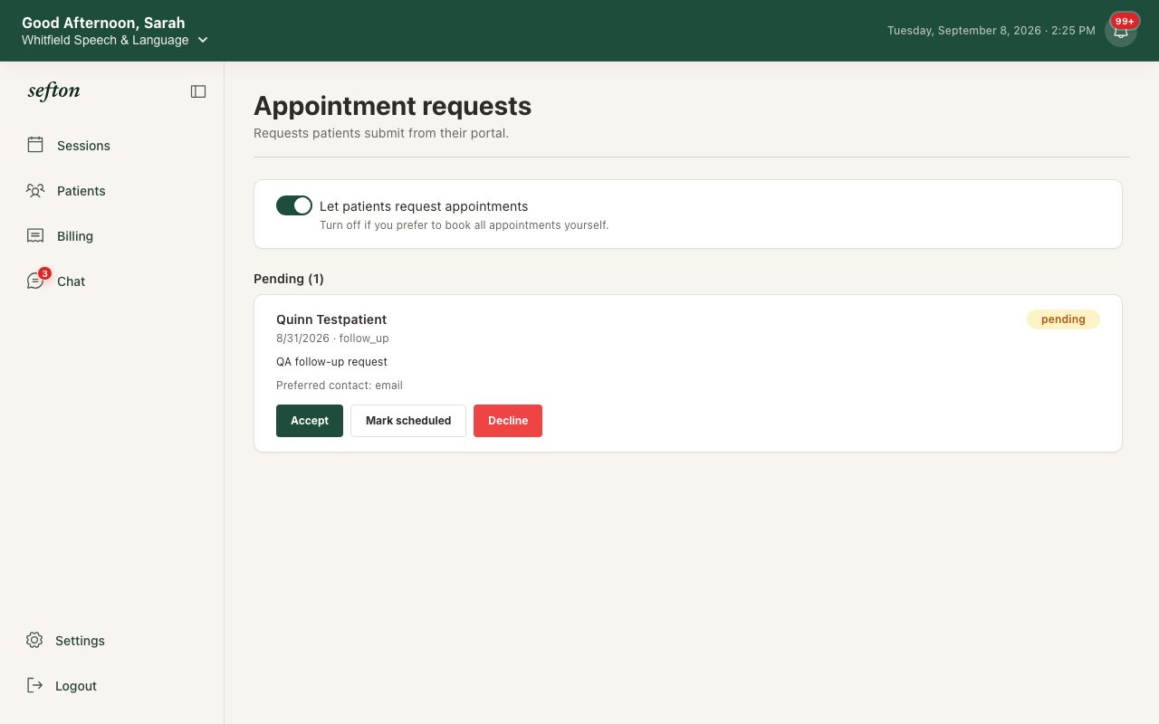 The Appointment Requests page with pending requests and Accept and Propose time actions.