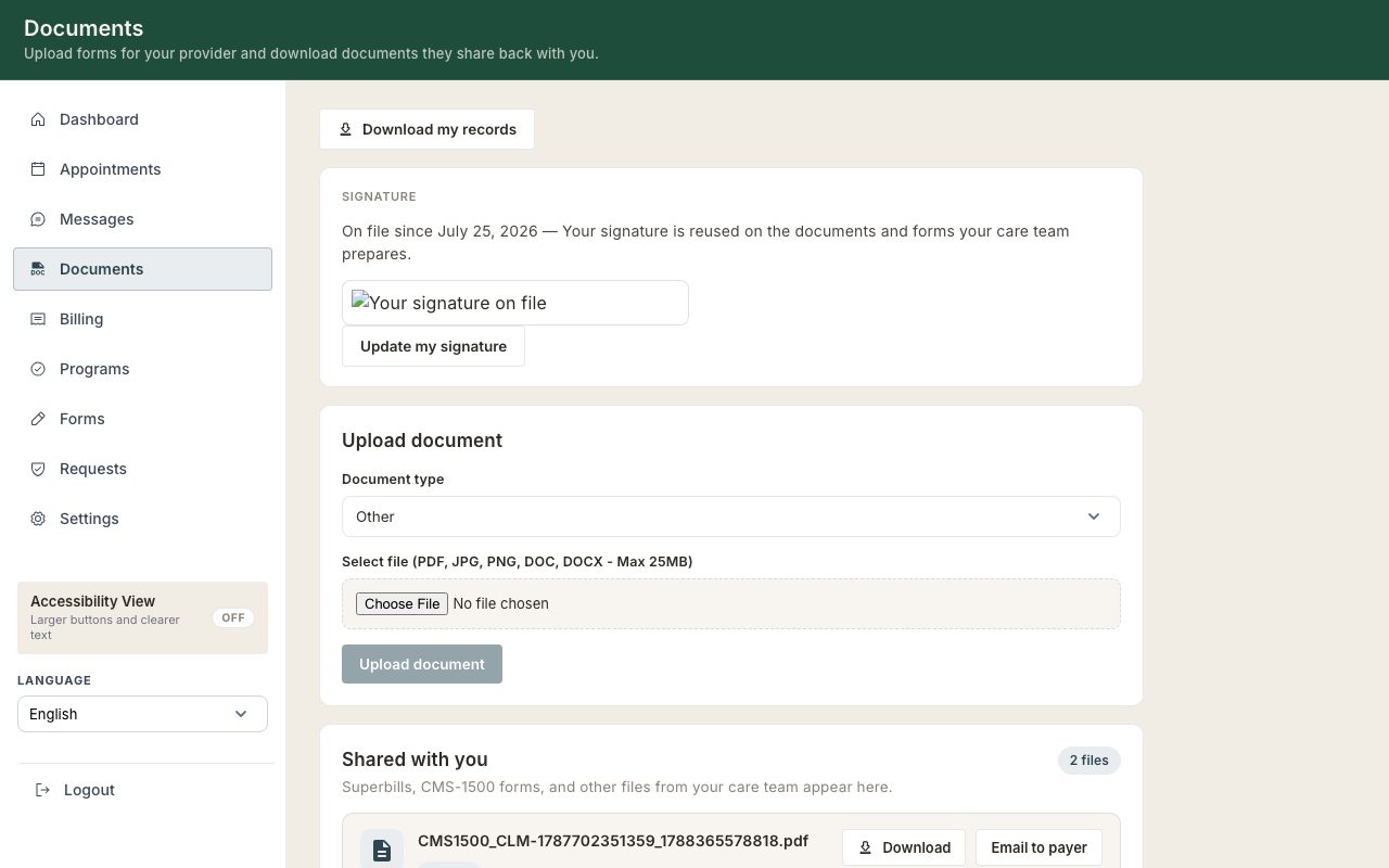 The portal Documents tab with Shared with you and Your uploads sections.