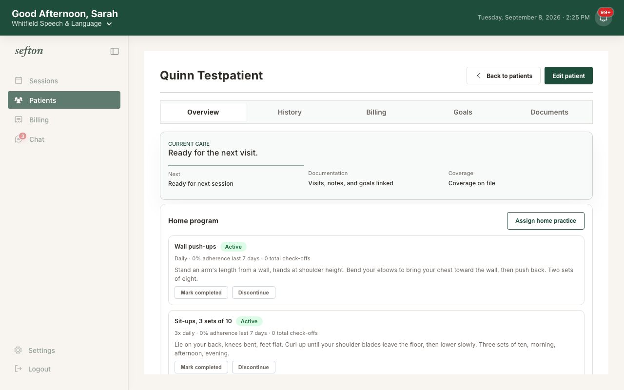 The Assign home practice form with title, instructions, frequency, and a linked goal.