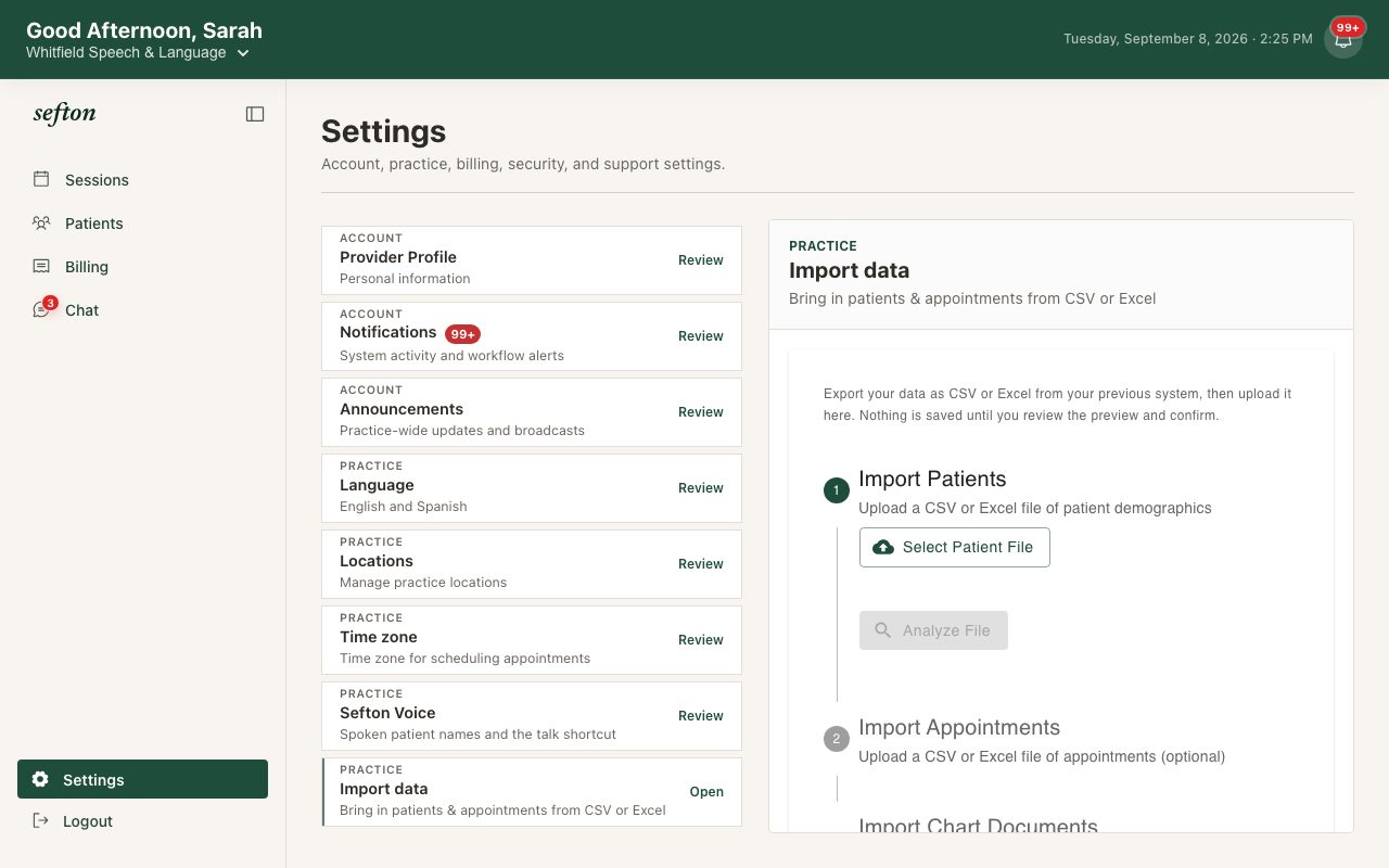 The Data Import Wizard showing the patient file step and the optional appointments step.