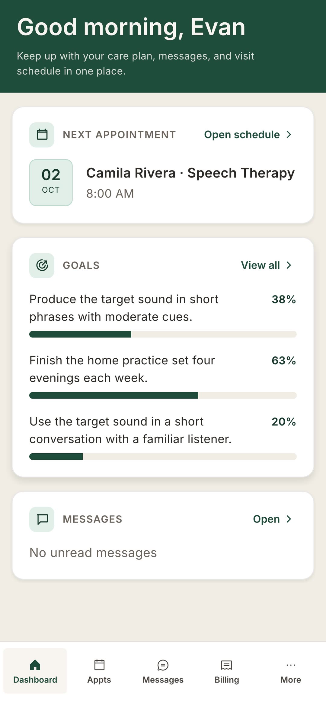 The patient portal home screen: next appointment, plan of care, and therapy goals.